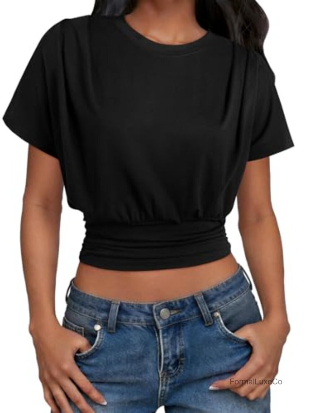 Cinched Waist Crop Top Women Short Sleeve Ruched Banded Hem T-Shirt